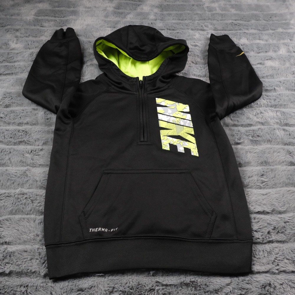 Nike Therma Fit Hoodie Kids Black Neon Green Pullover Sweatshirt Size‎ 5